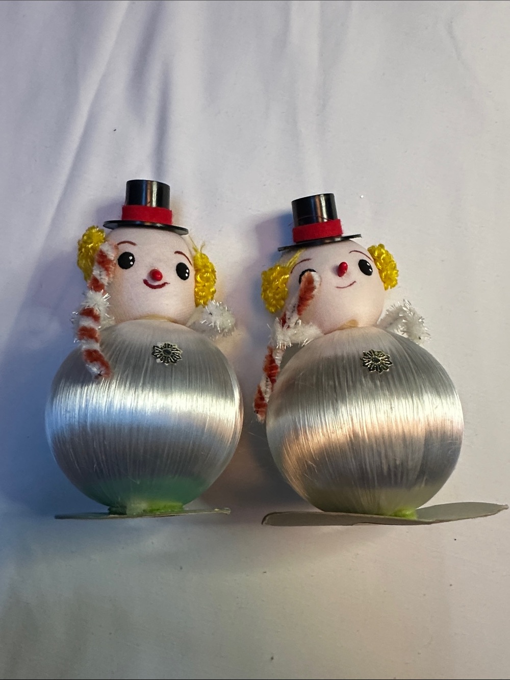 Pair of vintage spun silk Christmas snowmen